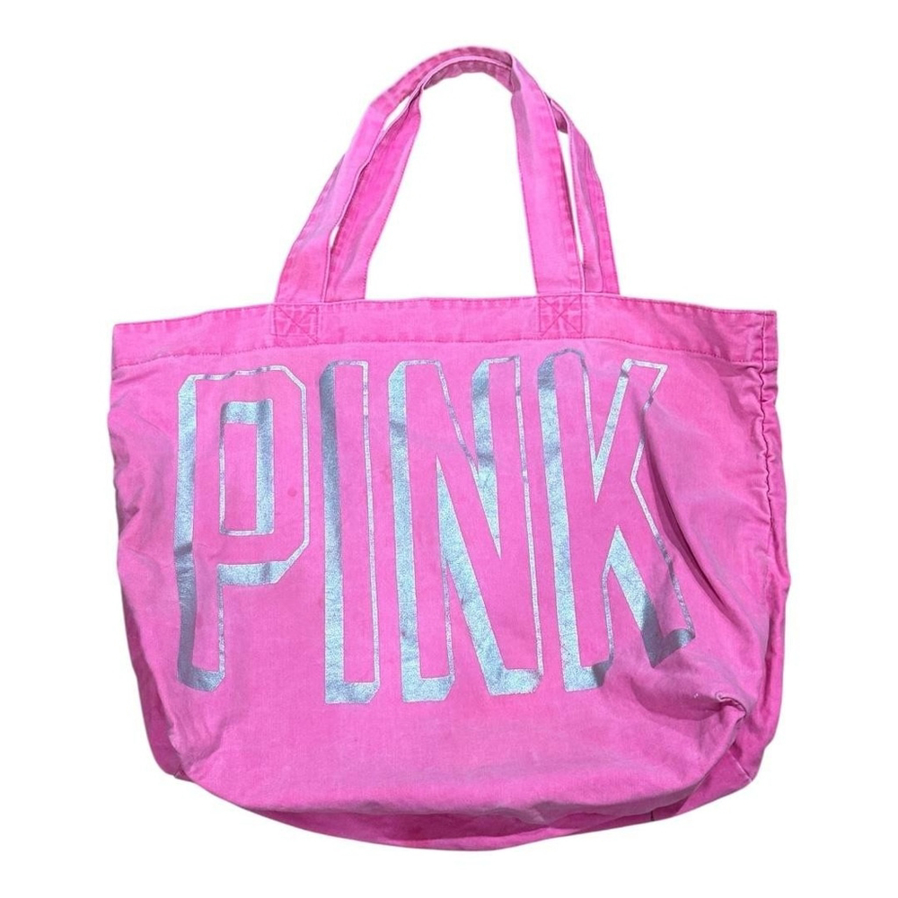 Victoria's Secret PINK Tote Bag Womens Large Pink Silver Logo Canvas Shoulder